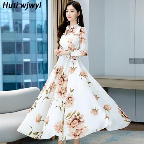 2021 Autumn Winter Vintage Women Maxi Dresses 4XL Plus Size Print Floral Chiffon Boho Dress White Casual Party Bodycon Vestidos
