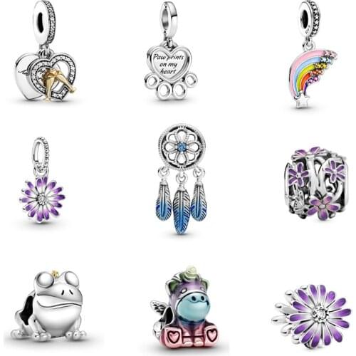 2021 New Free Shipping 925 Sterling Silver Colourful Rainbow Dangle Charms Fit Original Pandora Bracelets Cute Car Purple Daisy