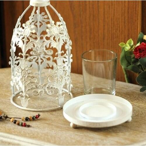 European Pattern Tower Candle Holder Wrought Iron Hollow Glass Candle Holder Dining Room Decoration Living Room Decoration