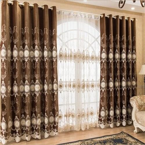 European Luxury Embossed 3D Flower Embroidered Bead Curtains Coffee Royal Home Decor Blinds Drapes For Living Room Custom 369#5