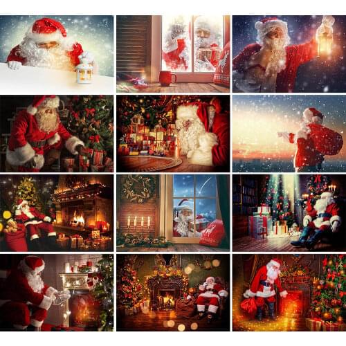 Santa Claus Backdrop Merry Christmas Tree Fireplace Gift Bell White Snow Children XMAS Photography Background Photo Studio Props