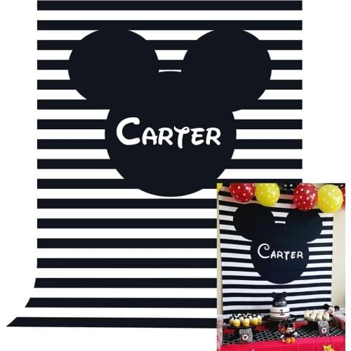 Black and white stripes Mouse backdrop baby shower boy girl birthday party banner background candy dessert table