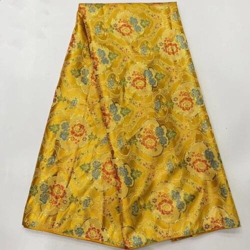 Nice Yellow 5Yards Brocade Jacquard Lace Fabric African Damask Material Floral Cloth Nigerian Tissu Tela For Sewing Dress PJZ14