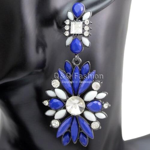 Dainty Blue & White Big Flower Gem Black Dangle Earrings Gift Jewelry New