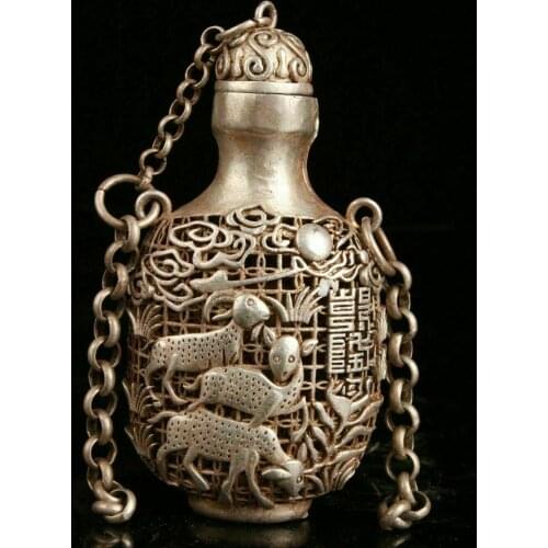 CHINESE TIBETAN SILVER HAND CARVING SHEEP SNUFF POT GIFT COLLECTION