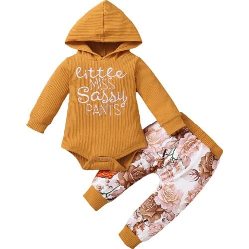 0-18M Baby Girl Clothes Set, Letter Print Long Sleeve Hooded Jumpsuit + Floral Print Trousers