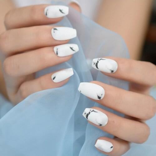 Frosted Matte Fake Nails Simple Design Chinese Style White Artificial Nail Manicure Set Marble Cercueil Faux Ongles