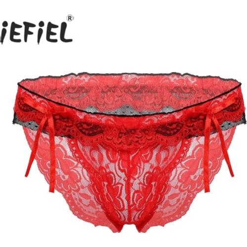 Men See-through Lace Ruffles Panties Thongs Stretchy Bowknot Skirted Briefs Male Elastic Waistband Cutout G-string Underwear
