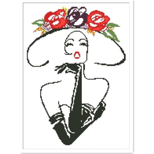 The lady cross stitch kit woman with flower hat 18ct 14ct 11ct white fabric cotton thread embroidery DIY handmade needlework