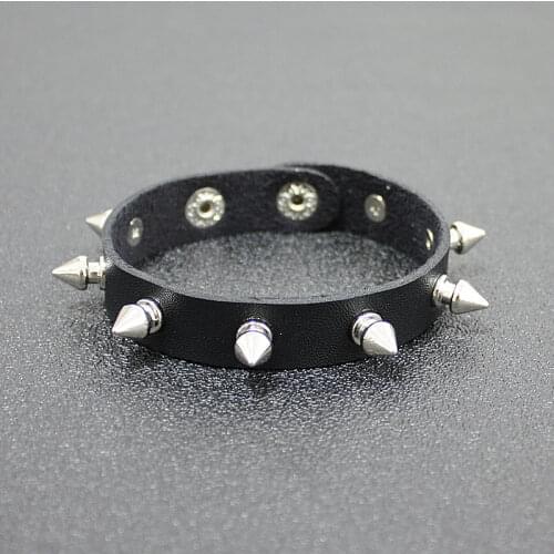 New Unisex Women Punk Black Bracelet Silver Color Spike Rivet Cone Black Leather Cuff Wristband Adjustable Bangles