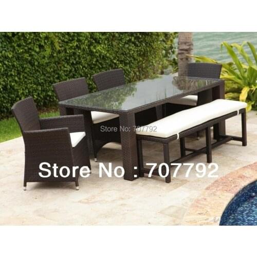 New design Wicker 7pcs Dining set, Long PE Rattan Glass Dining Table /Chairs