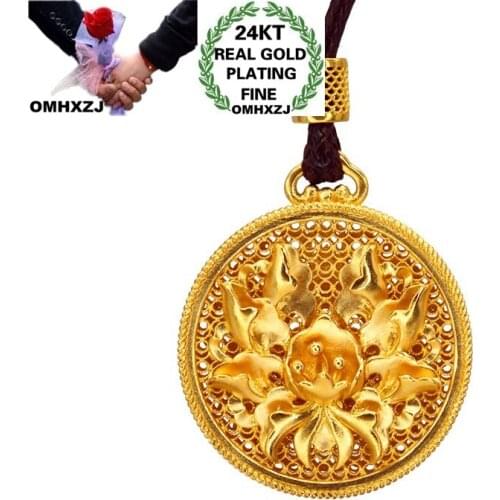 OMHXZJ Wholesale CA430 European Fashion Fine Woman Girl Party Birthday Wedding Gift Vintage Round Flower 24KT Gold Pendant Charm