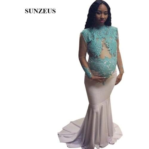 Pregnant Woman Prom Dresses Mermaid Long Ivory Party Gowns With Appliques Lace Floor Length Long Sleeves Lady Gowns