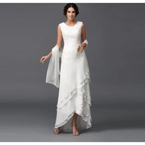 Mother of The Bride Dresses with Shawl Scoop Neck Sleeveless Formal Party Gowns Chiffon Lace Tiered Mother Dresses for Wedding