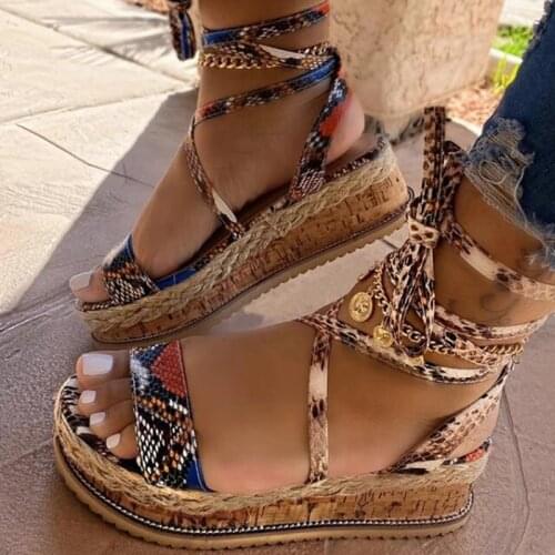 Summer Women Sandals Wedges Ethnic Print Fashion Snake Casual Shoes woman Lace Up women Shoes Beach Plus Size Female Sandals