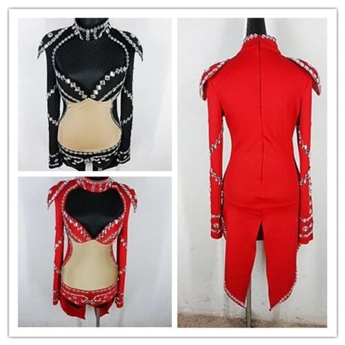 Sexy Nightclub Bar clothing Sparkly Rhinestones Red Black Jazz costume Swallow Tail Bodysuit Female Singer Dance Stage Wear