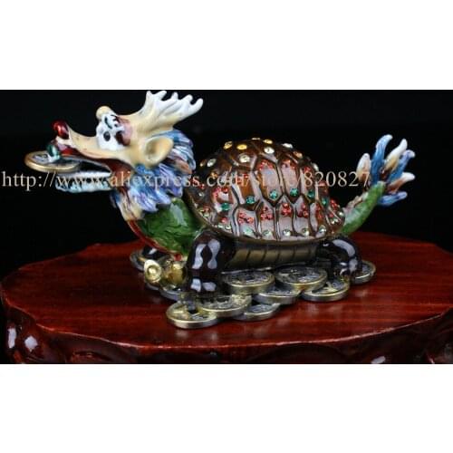 Treasure Casket in Turtle Shape FengShui Style Dragon Turtle Trinket Box Metal Statues Rhinestone Crystal Large Dragon Turtle