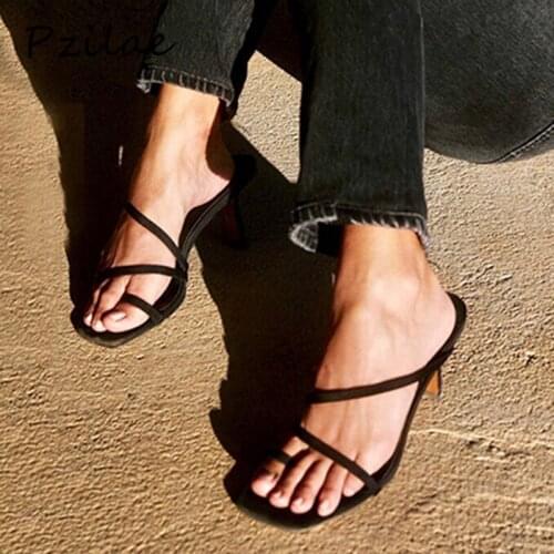 Pzilae 2020 women outdoor slippers new summer high heel sandals slip on open toe flip flops slides narrow band ladies shoes