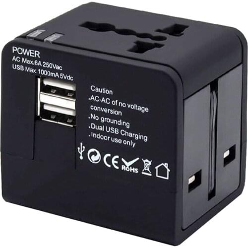 Universal Travel Adapter Electric Plugs Sockets Converter with Dual USB Charging 1.0A Electrical Power Black EU Plug