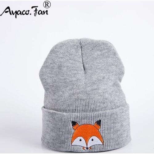 2019 New Knitted Winter Caps Women Men Soft Warm Beanie Knit Cap Crochet Elasticity Hats Skullies Female Ear Embroidery Fox Hat