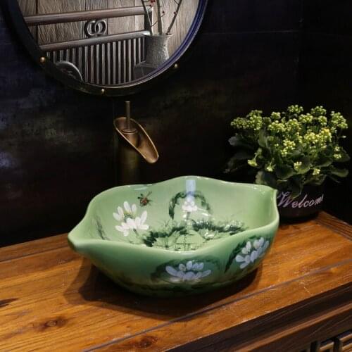 Green Lotus Chinese Art oval shaped Ceramic Washing basin Creative Individual ceramic Washing basin bathroom sink