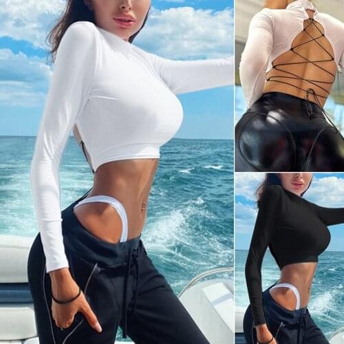 Lace Up Bandage Cross Women Crop Tops T Shirt Long Sleeve Bodycon Sexy Streetwear Autumn Club Elegant Solid Tee