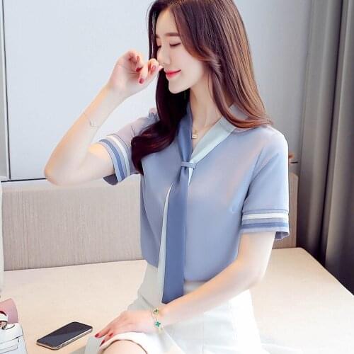 Womens Chiffon Shirt Short Sleeve Womens Tie Solid Color Top Summer 2021 Blusas