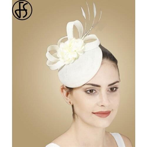 FS Women Fascinator Wedding Hats Beige White Flower With Feathers Headwear Hair Clips Church Fancy Hat Fedoras