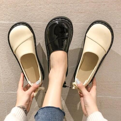 British Style Flat Bottom Pure Color Shallow Mouth Bow Ladies Small Leather Shoes Spring And Autumn College Style Single Shoes