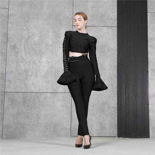 2021 Summer New Womens Bandage Sets Two Piece Set Long Pants Sexy Club Party 2 Pieces Set Suits