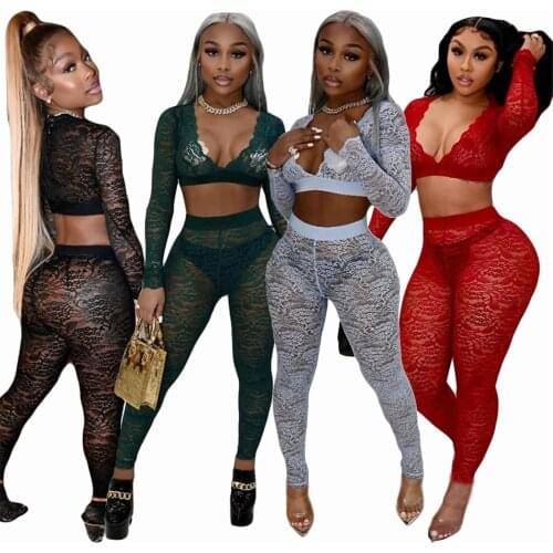 Womens Sexy Lace V-neck Suit Two-piece Lace Suit Hollow Out Vintage Body Legging Set Nightclub Party Outfit Women Clothing