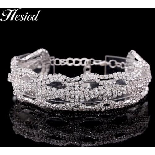 Hesiod Bridal Wedding Crystal Bracelets For Women Silver Plated Wave Wide Link Bracelet Bangle Fashion Party Rhinestone Jewelry