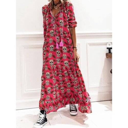 Skull Dress Women 2021 Spring New Long Sleeve Lapel Print Long Dress Loose Casual Dresses Lugentolo