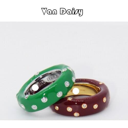 Van Daisy Green Enamel Glazed Trendy Zircon Rhinestones Brass Gold Plated Simple Wide Ring for Women Unisex Jewelry Minimalist