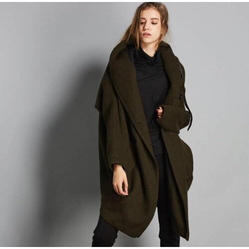 2019 Autumn And Winter Fashion New Wool Coat Solid Color Loose Double-Breasted hooded womens jacket black army green