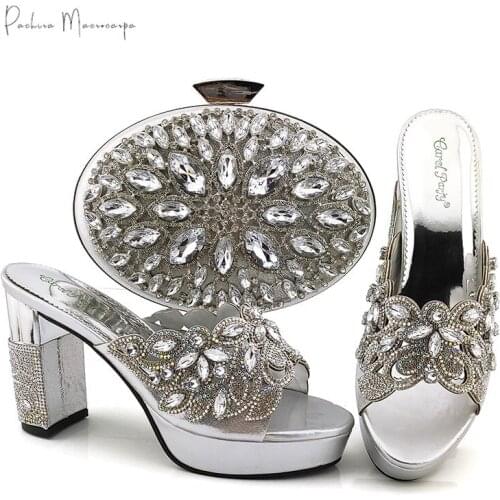 2021 New Arrival Italian Design Nerigan Fashion Party Wedding Ladies Shoes and Bag Set Decorated With Rhinestone in Silver Color