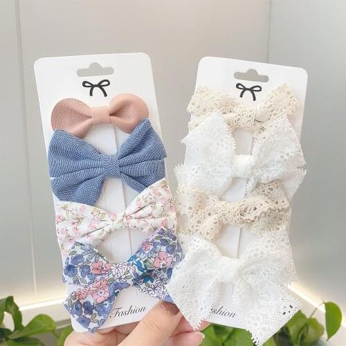 4Pcs/Set Cotton Printed Bows Hair Clip For Kids Girls Bowknot Barrettes Ribbon Covered Safty Hairpins Headwear Hair Accessories