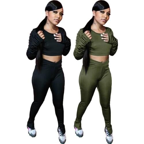 Two Pieces Set Women Stacked Legging Set Sweatpants Womens Jogger Sports Solid Color Long Sleeve Ruched Crop Top Stacked Pants