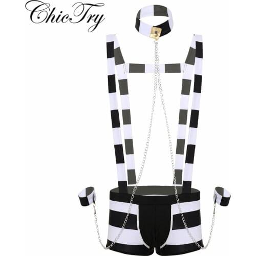 Sexy Mens Adults Prisoner Costume Role Play Halloween Cosplay Lingerie Set Suspender Boxer Shorts with Hat Collar and Wristbands