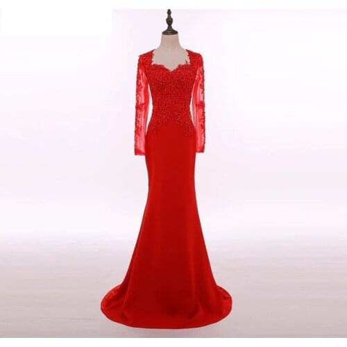 Red Lace Long Sleeve Evening Dress 2021 Slim Long Mermaid Bride Toast Elegant Temperament Banquet Formal Prom Dress A173