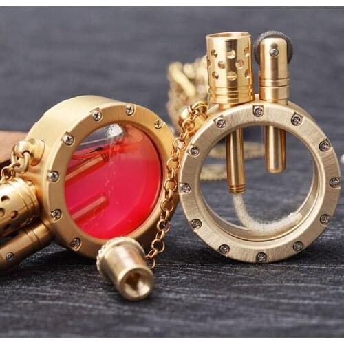 Handmade Brass Kerosene gasoline petroleum oil Lighter Quartz Transparent Oil Tank Portable Round igniter Collection gift(no box