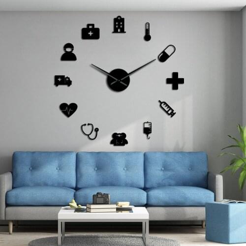 Medicine Heath Care Ambulance Medical Tools Large DIY Wall Clock Acrylic Mirror Effect Wall Stickers Hospital Clinic Decor Watch