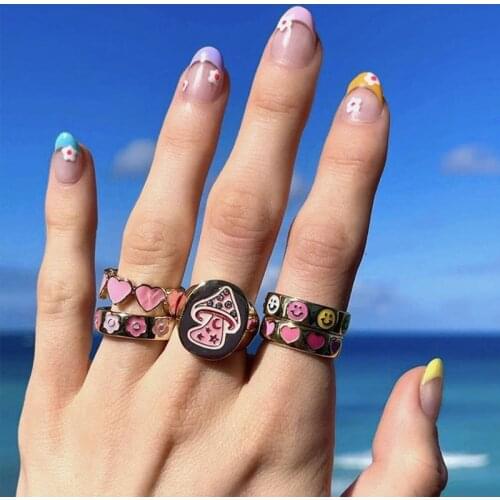 Hyperbole Punk Rock Metal Multicolor Mushroom Rings for Men Women Couple Fashion Finger Jewelry Vintage Plant Ring Party Hip Hop