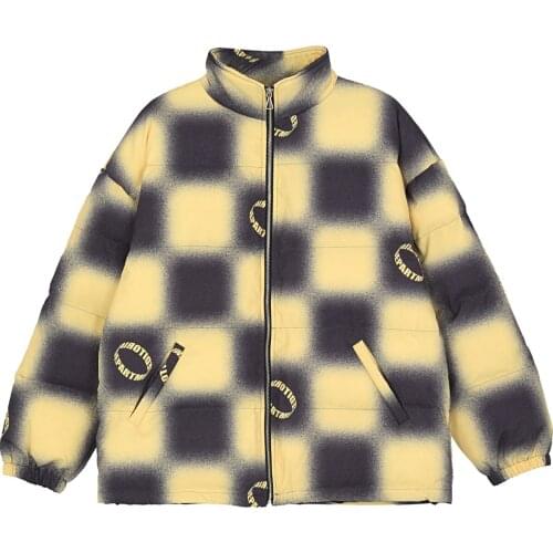 Hip Hop Thick Parka Jackets Men Streetwear Checkerboard Printing Block Padded Jacket 2020 Winter Harajuku Cotton Warm Coats