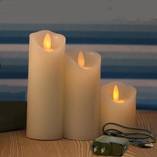 Set of 3 Rechargeable led flickering pillar paraffin candle wavy edge moving wick Wedding Xmas Party Bar Decor 5.3CM(Dia.)-Amber