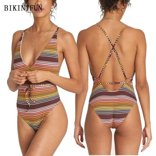 2020 New Sexy Deep V Monokini Women Colorful Striped Swimsuit Cross Back Swimwear S-2XL Girl Plus Size Beachwear One Piece Suit