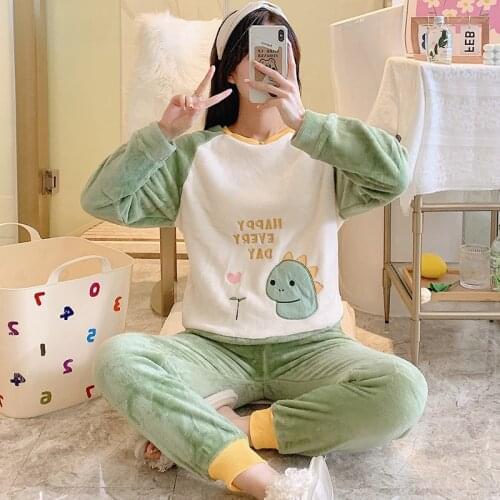 Autumn Winter Women Pyjamas Sets pajamas Sleepwear Suit Thick Warm Coral Flannel nightgown Female Cartoon Animal Pijama Mujer