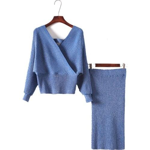 PERHAPS U Women Knit Pink Blue V Neck Long Sleeve Pullover Knee Length Pencil Skirt Two Piece Set Elegant Lurex Backless T0092