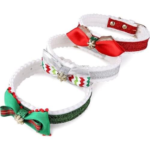 Cat Necktie Pet Dog Cat Christmas Collars Adjustable Snowflake Pattern Shiny Collars Cat Puppy Necklace With Bowknot 22-32cm