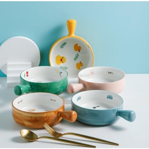 Nordic Cartoon Salad Bowl with Handle Household Ceramic Baking Bowl Creative Cute Instant Noodle Bowl Baked Rice Tableware